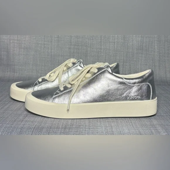 Vince Gabi Lace-Up Low Top Sneaker Silver Leather - Picture 4 of 7